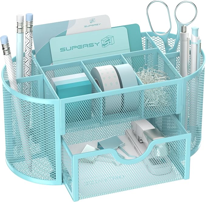 Mesh Desk Organizer with Drawer, 9-Compartment Pen Holder for Desk, Blue | Pull-Out Drawer Stores Pens, Pencils, Clips, Notes, and Small Office or School Supplies in One Compact Desk Caddy by SUPEASY