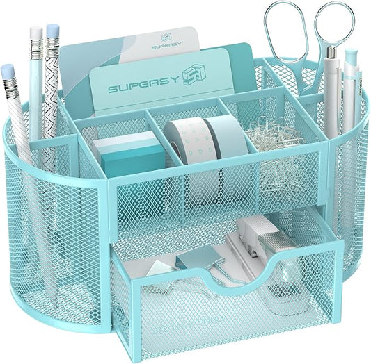 Mesh Desk Organizer with Drawer, 9-Compartment Pen Holder for Desk, Blue | Pull-Out Drawer Stores Pens, Pencils, Clips, Notes, and Small Office or School Supplies in One Compact Desk Caddy by SUPEASY