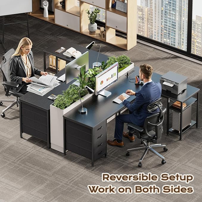 Huuger 55 Inch L Shaped Desk with Fabric Drawers, Reversible Computer Gaming Desk with Power Outlets and USB-C Port, Adjustable Side Storage Shelves, for Work Study Corner Home Office, Black - Image 2