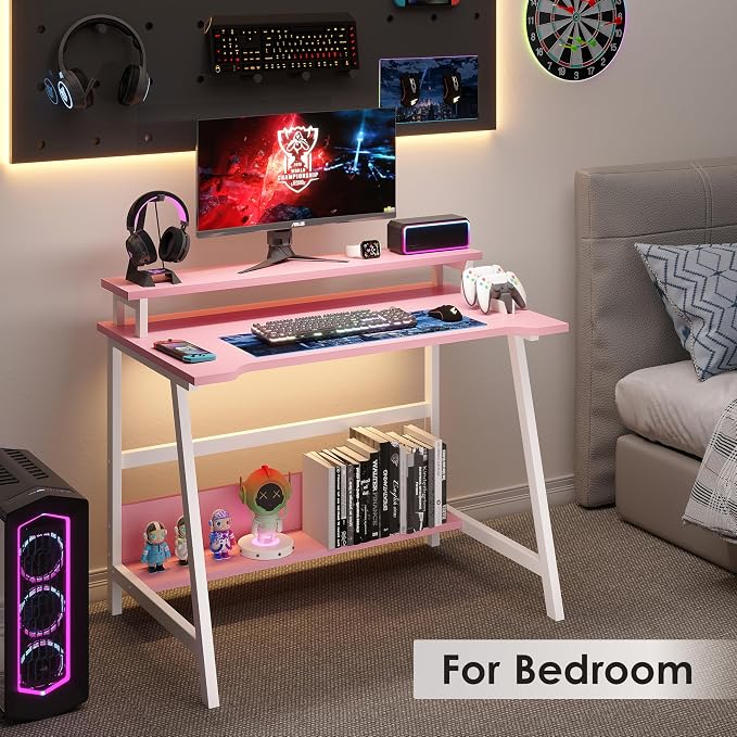 ALISENED 31.5 Inch Small Office Desk with Storage, Small Desk for Small Spaces, Compact Home Office Desk, Mini Study Desk for Bedroom, Pink - Image 2