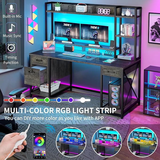 DWVO Computer Desk with Drawers & Hutch, 59.1" Office Desk with Power Outlets & LED Lights, Home Office Desk with Storage Shelves, Grey | Built-In Power Outlets, Led Lights, Hutch Shelves, Storage Drawers, for Home Office Work Study, Easy Assembly - Image 4