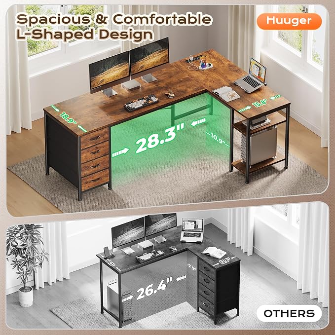 Huuger 55 Inch L Shaped Desk with Fabric Drawers, Reversible Computer Gaming Desk with Power Outlets and USB-C Port, Adjustable Side Storage Shelves, for Work Corner Home Office, Rustic Brown - Image 8