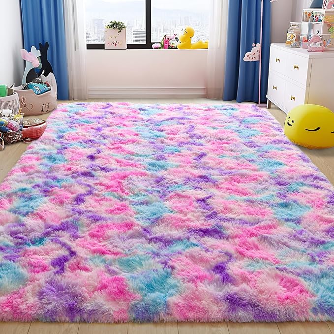 Tepook Pink Blue Purple Area Rug for Girls Room, Fluffy 6x9 Cute Soft Colorful Kids Rugs for Bedroom Dorm Classroom Nursery Playroom, Fuzzy Shaggy Rainbow Princess Carpet for Toddler Home Decor - Image 2
