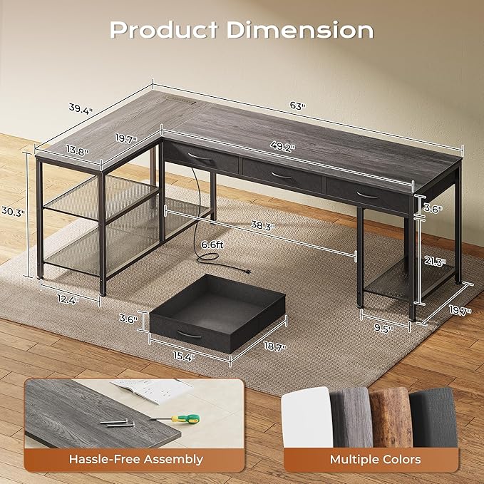 PRAISUN 63 Inch L Shaped Office Desk with Power Outlets and Type-C Port, Large Computer Gaming Desk with 3 Fabric Drawers, Mesh Shelves, Corner Study Work Writing Desk, Grey - Image 3