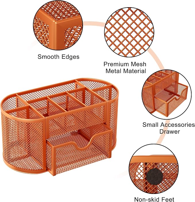 EasyPAG Mesh Pen Holder Desk Organizer with Drawer Stationery Supplies Organizer for Dorm School 9 Compartments Workspace Desk Accessories Organization for Office, Orange - Image 4