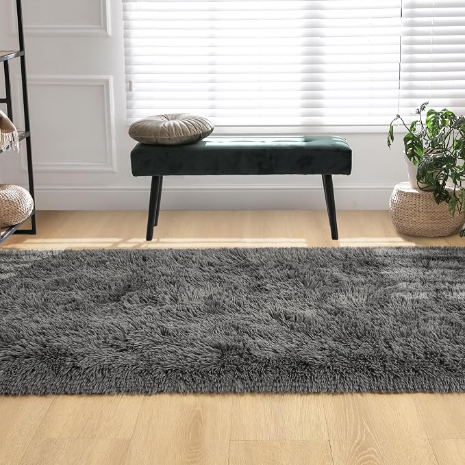 Tepook Fluffy Runner Rugs for Bedroom Aesthetic 2x6 Feet, Shag Soft Bedside Rug with Non-Slip Bottom, Fuzzy Plush Carpet for Room, Hallway Rug for Nursery Dorm Indoor Home Decor, Dark Grey - Image 6