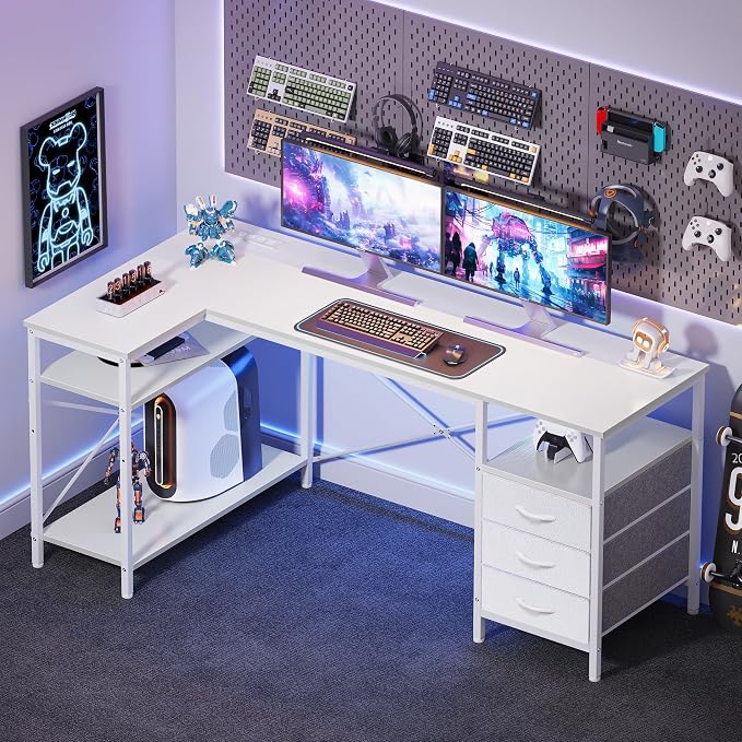 Huuger L Shaped Office Desk with Power Outlets, 55 Inch Computer Desk with 3 Drawers, Shelves, Reverisble for Gaming Corner Work Home Office Study, White - Image 8