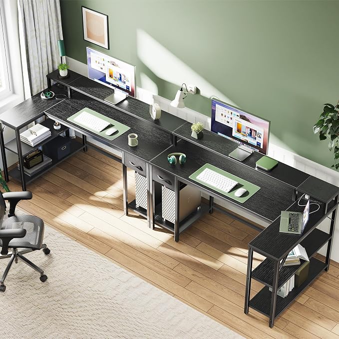 SUPERJARE 53 inch L Shaped Gaming Desk with LED Lights & Power Outlets, Reversible Computer Desk with Shelves & Monitor Stand, Corner Desk with Drawer, for Home & Office, Black - Image 6