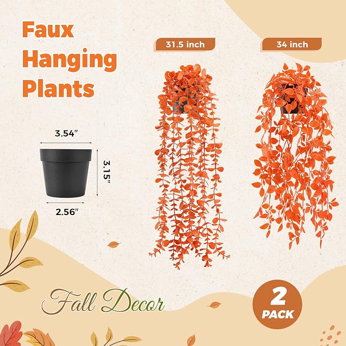 Der Rose 2Pcs Fake Fall Hanging Plants for Home Bathroom Wall Outdoor | Orange artificial hanging plants for autumn decor accents, fall bathroom and kitchen decor, porch, patio and covered decor - Image 2