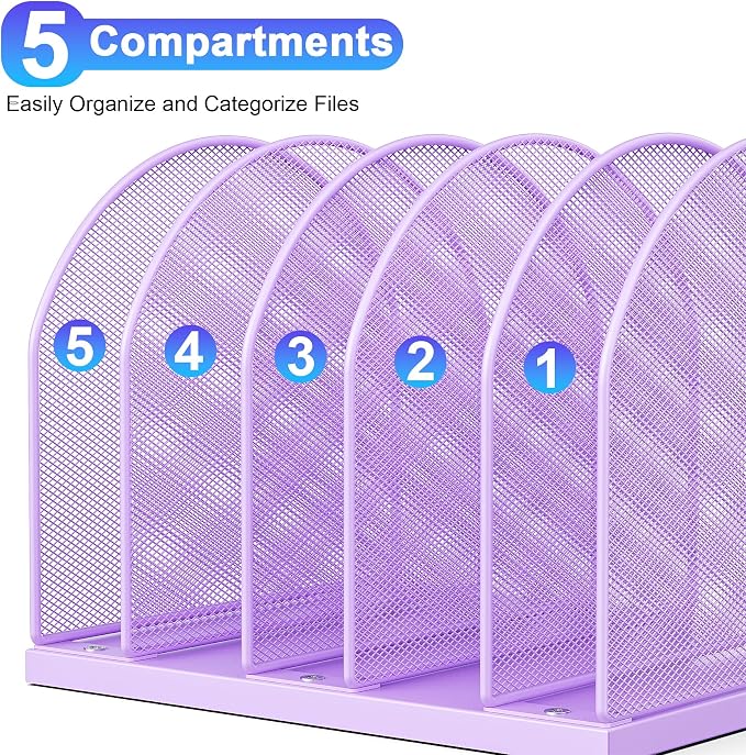 gianotter Desktop File Organizer with 5 Compartments | Desk Organizer Paper Organizer for Desk Workspace Organizers for Office Supplies (Purple, Upright Style) - Image 5