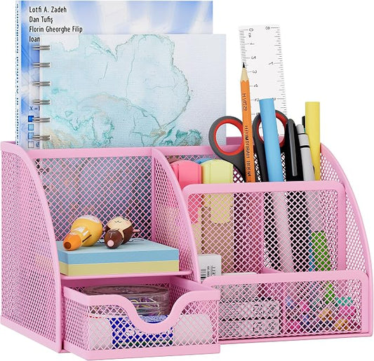 EasyPAG Mesh Desk Organizer with Drawer Multi-functional Pen Holder Stationery Organizer for Office School Supplies 6 Compartments Dorm Organizers and Storage for Desk, Light Pink by EasyPAG