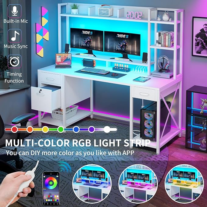 DWVO Computer Desk with Drawers & Hutch, 59.1" Office Desk with Power Outlets & LED Lights, Home Office Desk with Storage Shelves, White | Built-In Power Outlets, Led Lights, Hutch Shelves, Storage Drawers, for Home Office Work Study, Easy Assembly - Image 4