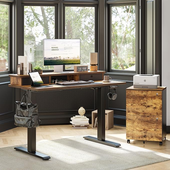 TIQLAB Standing Desk with Two Drawers, Stand Up Standing Desk Adjustable Height, Electric Sit Stand Table with Storage Shelf and Splice Board, 48 * 24 inch, Rustic Brown - Image 2