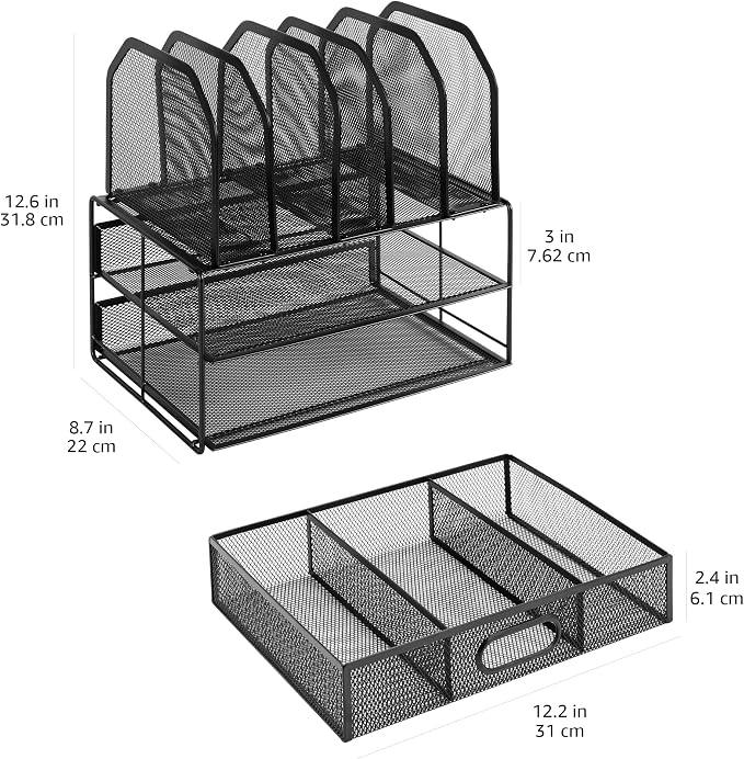 Amazon Basics Mesh Desk Organizer with Sliding Drawer, Double Tray and 5 Upright Sections, File Holder for Office Supplies, Paper Letter Tray, Black - Image 4