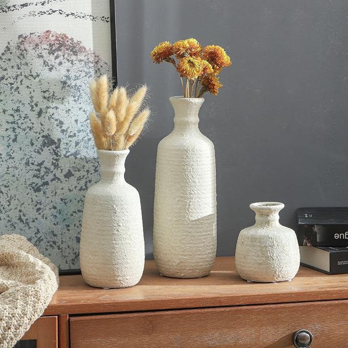 Ceramic Vase Set of 3, Neutral Rustic Vases Home Decor Farmhouse Decorative Vase Whitewashed Pottery Decor Boho Modern for Table Mantel Entryway Bookshelf Living Room Kitchen Bathroom Bedroom - White - Image 8