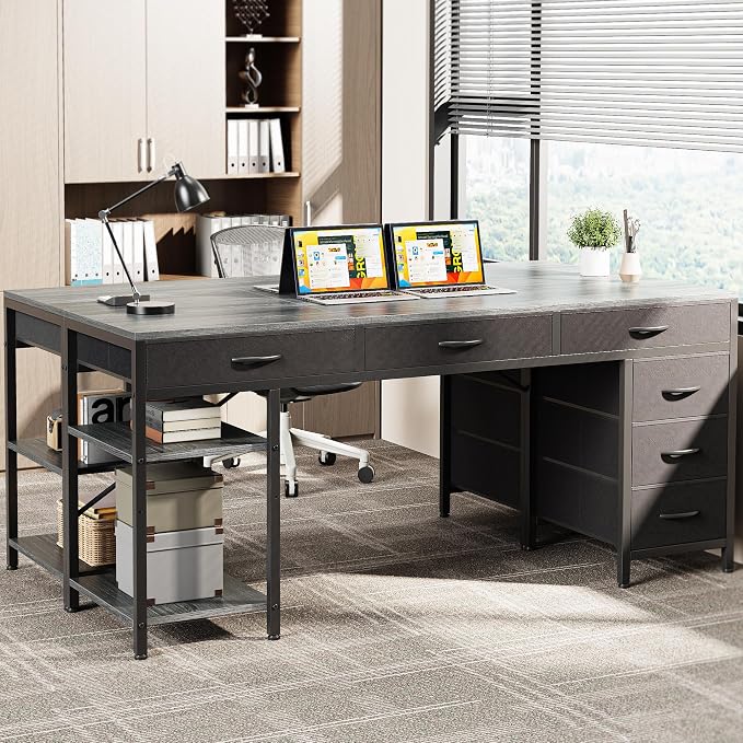 Huuger Computer Desk with 6 Drawers, Office Desk with Shelves, Reversible Gaming Desk, Corner Desk with Storage, Work for Home Office, Study, Living Room, 63inch, Grey - Image 2