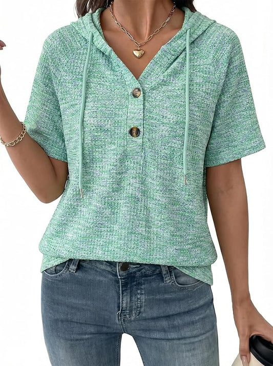 Dokotoo Womens Summer Tops 2026 Short Sleeve Button V Neck Waffle Knit Lightweight Drawstring Hoodies Casual Blouses Shirts by Dokotoo