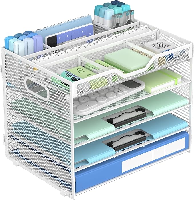 Docnest 5 Tier Mesh Desk Organizer with Removable Tray&Pen Holder, White | Features 3 detachable pen holders and 4 removable dividers.Versatile mesh desktop storage for mail, document,office supplie by DocNest