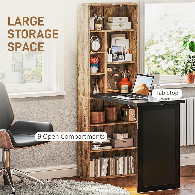 HOMCOM Foldable Desk Wall Mounted Convertible Table, Rustic Brown | Wall Mounted, Space-Saving, Chalkboard, Storage Shelves, for Small Spaces, Home Office, Bedroom, Dorm, Apartment - Image 5