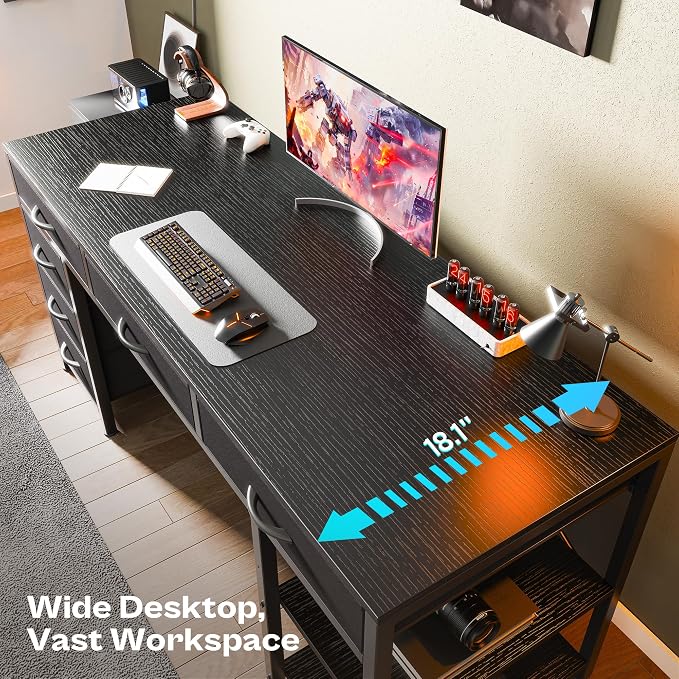Huuger Computer Desk with 6 Drawers, Office Desk with Shelves, Reversible Gaming Desk, Corner Desk with Storage, Work for Home Office, Study, Living Room, 54inch, Black - Image 4
