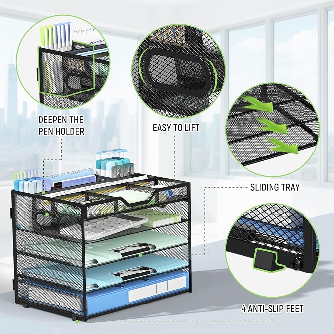 Docnest 5 Tier Mesh Desk Organizer with Removable Tray&Pen Holder, Black | Features 3 detachable pen holders and 4 removable dividers.Versatile mesh desktop storage for mail, document,office supplie - Image 5
