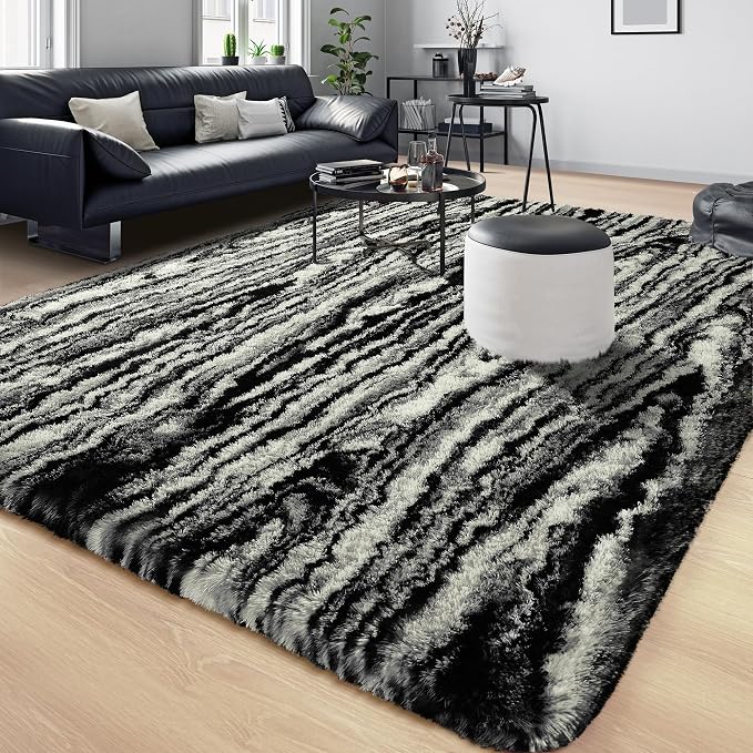 Tepook Fluffy Large Rugs for Living Room, Shag Area Rug 6x9 Soft Carpet for Bedroom, Modern Shaggy Rug for Kids Boys Girls, Plush Indoor Nursery Home Decor Rug with Non-Slip Bottom, Black White - Image 8