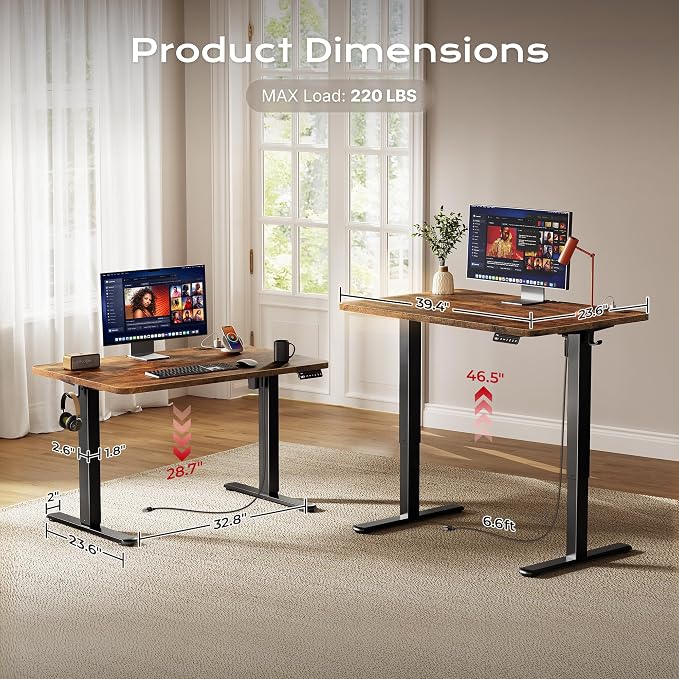 Huuger Electric Standing Desk with Power Outlets and USB-C Port, 39 X 24 Inch Height Adjustable Desk, Sit Stand Desk for Home Office, Computer & Gaming Desk with 4 Presets, Rustic Brown - Image 5