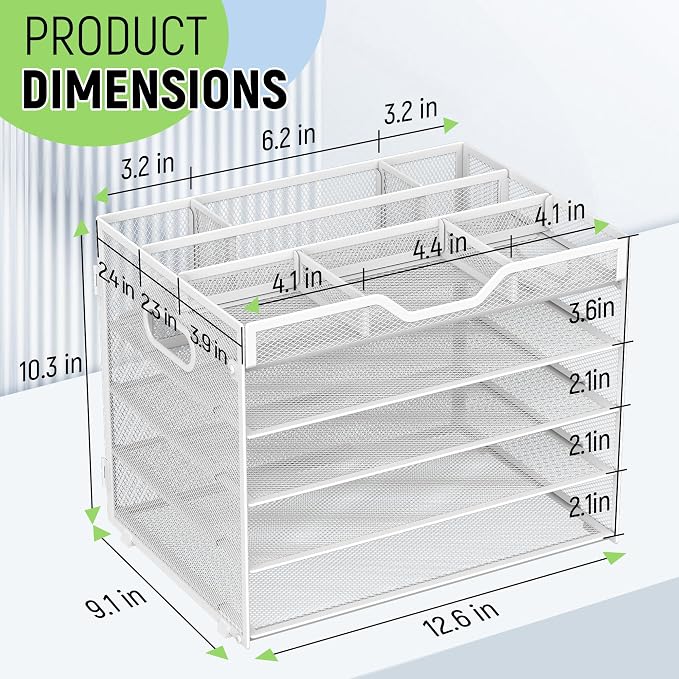 Docnest 5 Tier Mesh Desk Organizer with Removable Tray&Pen Holder, White | Features 3 detachable pen holders and 4 removable dividers.Versatile mesh desktop storage for mail, document,office supplie - Image 3