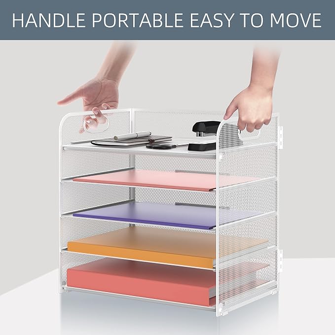 Supeasy 5 Trays Paper Organizer Letter Tray with Handle-Mesh Desk File Holders, Paper Sorter Desk Organizer for Office, Home, Classroom or School, White - Image 7