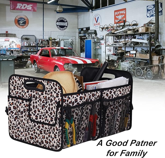 Femuar Car Trunk Organizer, Large Capacity Collapsible Trunk Storage with 11 Pockets, Waterproof, Non-Slip, Suitable for Car, SUV, Truck, Van, Jeep, Sedan, Leopard Print - Image 6
