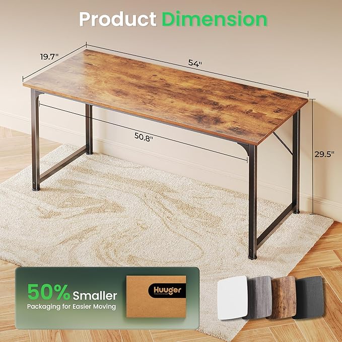 Huuger Computer Desk, 55 Inch Home Office Desk, Gaming Writing Work from Home Study Desk, Large Legroom, Sturdy Metal Frame, Modern Simple, Rustic Brown - Image 2