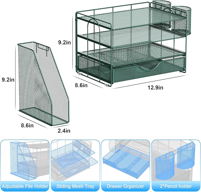 gianotter 4-Tier Desk Organizer with Drawers, File Holders, Letter Trays and Pen Holders - Workspace Accessories for Office Supplies (Green) - Image 5