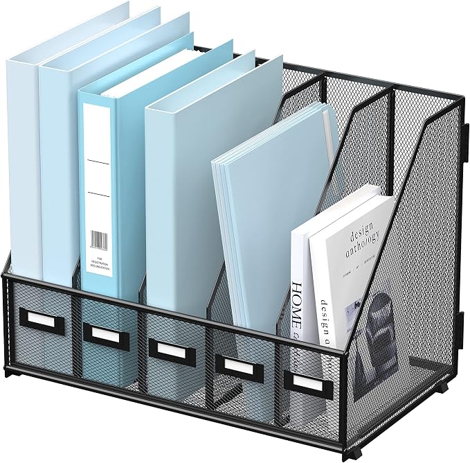 SUPEASY Desk Organizers Metal Desk Magazine File Holder with 5 Vertical Compartments Rack File Organizer for Office Desktop, Classroom, Home Workspace, Black by SUPEASY