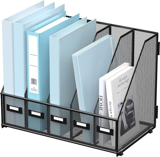 SUPEASY Desk Organizers Metal Desk Magazine File Holder with 5 Vertical Compartments Rack File Organizer for Office Desktop, Classroom, Home Workspace, Black by SUPEASY