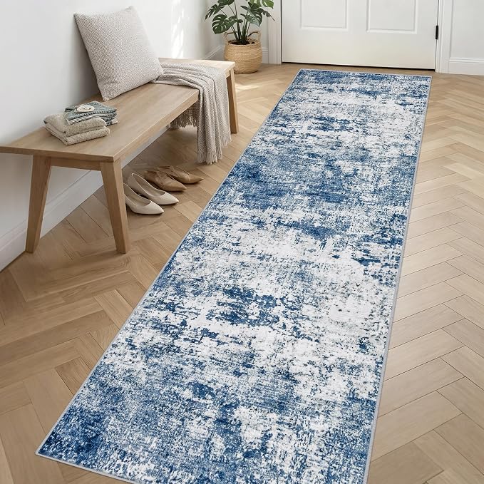 Washable Area Rug 3x14 Entryway Rug: Washable Modern Abstract Soft Thin Rug Indoor Floor No Slip Stain Resistant Carpet for Bedroom Dining Room Farmhouse Nursery Home Office - Blue - Image 3
