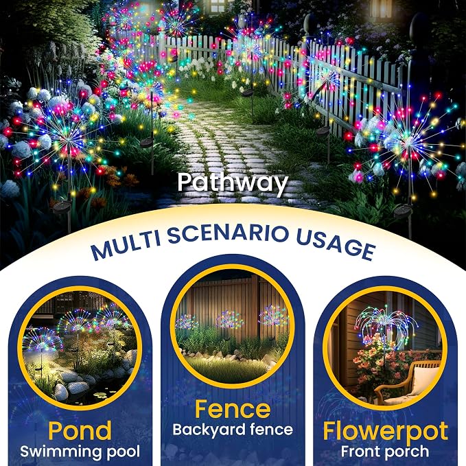 GIGALUMI Garden Decor Outdoor Lights 120LED 8Pack, Solar Garden Lights Outside Fairy Firework Decorative,Solar Powered for Yard Pathway Flowerbed Planter Balcony Patio 4th of July Decor (Multicolar - Image 4