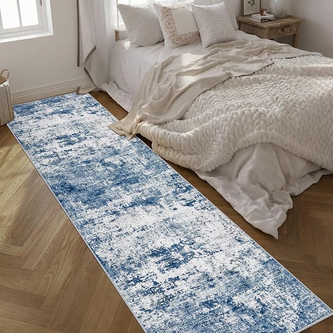 Washable Area Rug 3x14 Entryway Rug: Washable Modern Abstract Soft Thin Rug Indoor Floor No Slip Stain Resistant Carpet for Bedroom Dining Room Farmhouse Nursery Home Office - Blue - Image 2