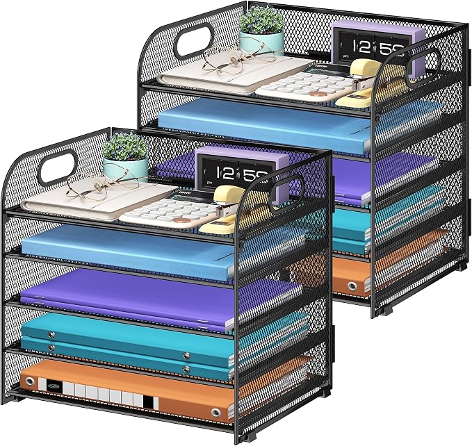 Cawukege 2 Pack 5 Tier Paper Organizer, Letter Tray with Handle, Mesh Desk Organizer, Metal File Organizer, Office Desk Accessories for Home, Office, Classroom, School -Black by Cawukege