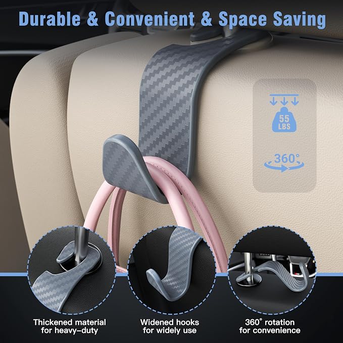 Amooca Car Seat Headrest Hook 4 Pack Hanger Universal Vehicle Car Storage Organizer for Handbag Purse Coat S Type Checkered Grey - Image 5