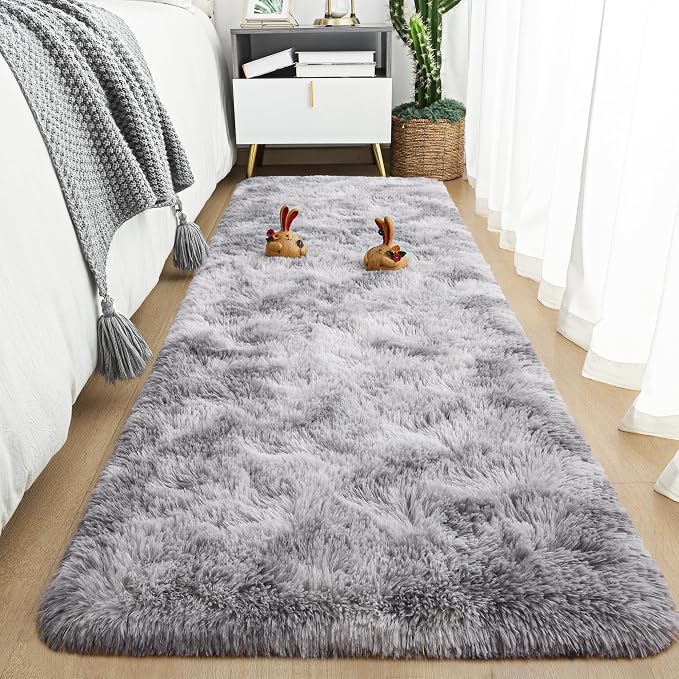 Tepook Fluffy Runner Rugs for Bedroom Aesthetic 2x6 Feet, Shag Soft Bedside Rug with Non-Slip Bottom, Fuzzy Plush Carpet for Room, Hallway Rug for Nursery Dorm Indoor Home Decor, Tie-dye Light Grey by Tepook