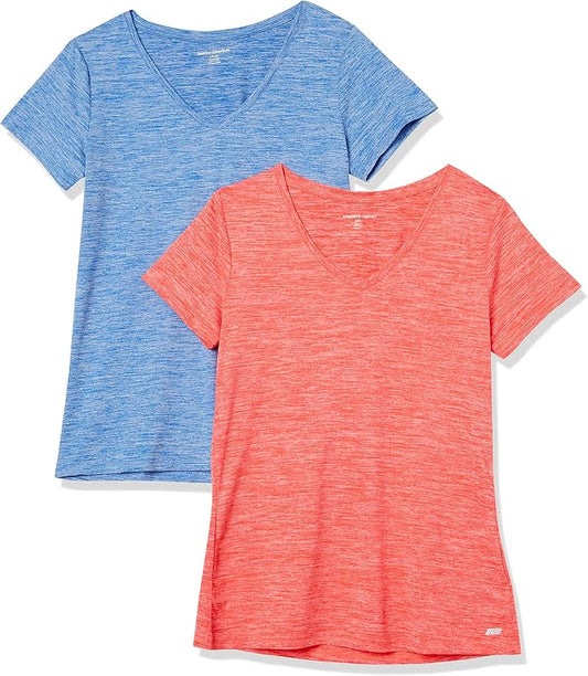 Amazon Essentials Women's Active Quick Dry Tech Stretch Short-Sleeve V-Neck T-Shirt (Available in Plus Size), Pack of 2 by AmazonEssentials