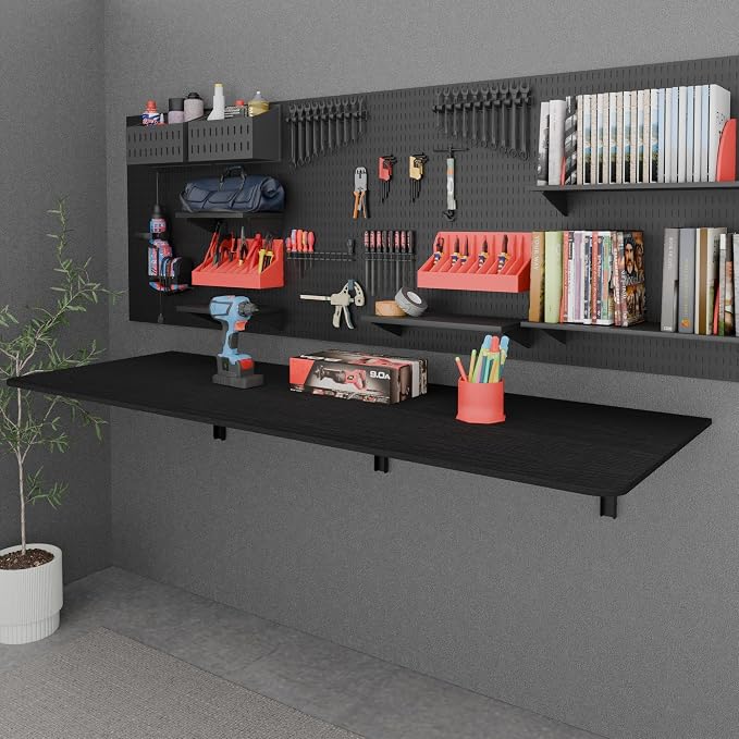 IAE 60x22in Floating Fold Desk,Wall-Mounted Folding Computer Table,Black | Study Table with Shelf Brackets,Foldable Down Shelf with Engineered Wood,Fold Computer Desk for Small Apartment,Holds 515 lb - Image 7
