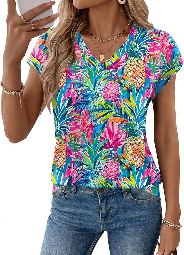 Rapbin Womens Summer Tops Women Blouses Dressy Casual V Neck T Shirts Short Sleeve Spring Tops for Women - Image 2