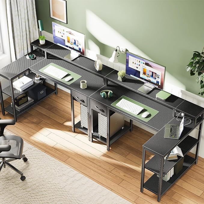 SUPERJARE 47 inch L Shaped Gaming Desk with LED Lights & Power Outlets, Reversible Computer Desk with Shelves & Monitor Stand, Corner Desk with Drawer, for Home & Office, Carbon Fiber Black - Image 6