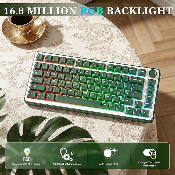 YUNZII B75 PRO 75% Wireless Mechanical Keyboard (Olive Green,Milk Switch) | Hot Swap Keyboard with Knob, Gasket Mount, Creamy Pre-lubed Switch for Smooth Typing, BT/USB-C/2.4G, for Gaming - Image 6