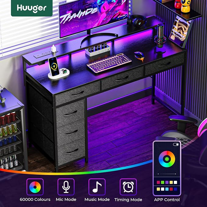Huuger Gaming Desk with 6 Drawers, Computer Desk with LED Lights Power Outlets and Type-C, 47 Inch Office Desk with Storage, Monitor Stand, Writing Desk Work Desk Home Office, Bedroom, Black - Image 4