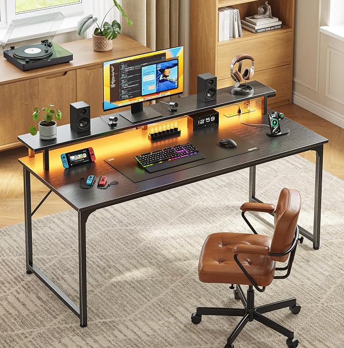 PRAISUN 48 inch Gaming Desk, LED & Power Outlets, Monitor Stand, Black | Sturdy PC Desk for Home Office, Study & Work, LED Lights, 4 AC Outlets & USB-C Charging Station - Image 2