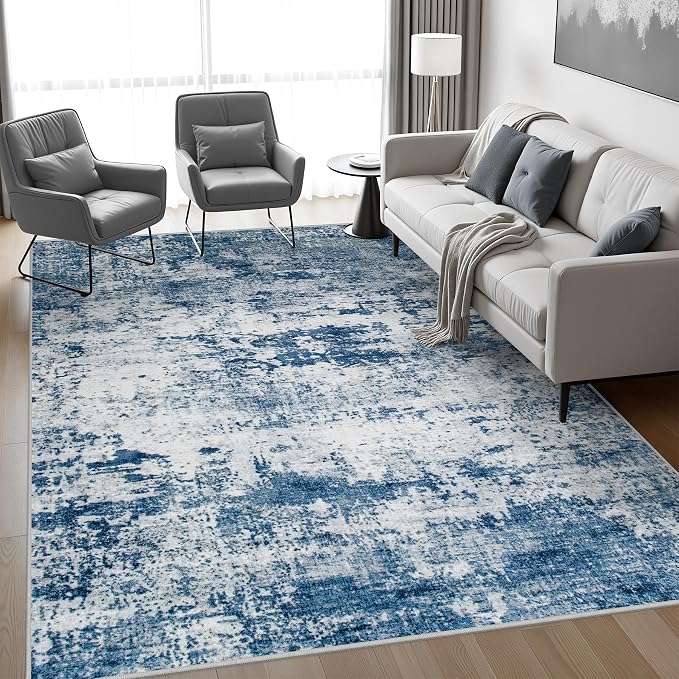 5x8 Area Rug Living Room Rug: Washable Modern Abstract Soft Thin Rug Indoor Floor No Slip Stain Resistant Carpet for Bedroom Dining Room Farmhouse Nursery Home Office - Blue - Image 9