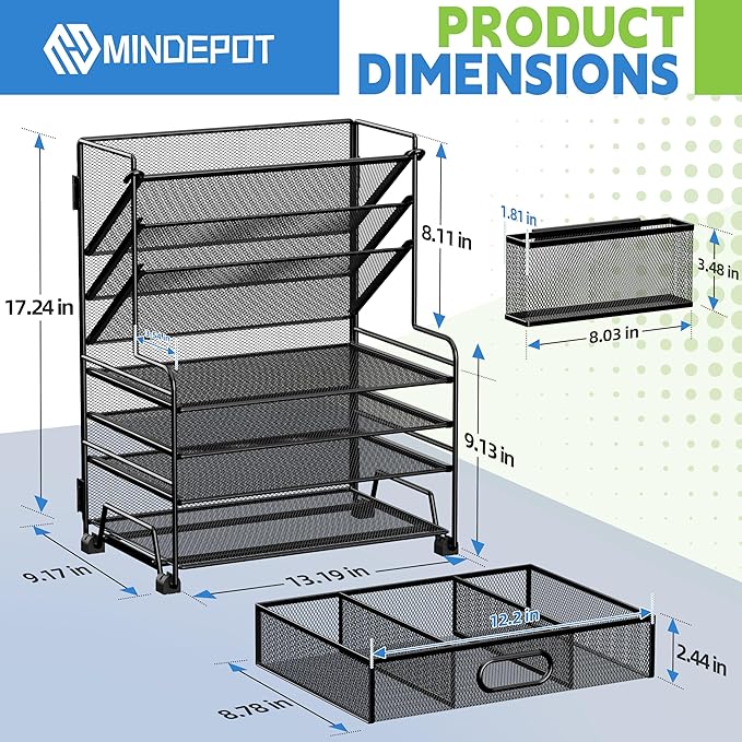 MINDEPOT 4-Tier Paper Organizer + 3-Pocket File Holder + Drawer + Pen Holders, Desktop File Organizers Paper Tray for Office Accessories School Classroom Organization (Black) - Image 2