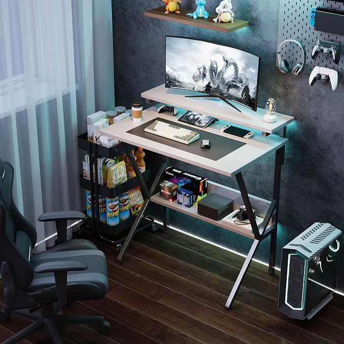 COTUBLR Small Desk, Small Computer Desk for Spaces, 27.5 Inch Computer Desk with Adjustable Monitor Stand, Compact Desk with Storage for Bedroom Home Office, White Tabletop+Black Frame - Image 7